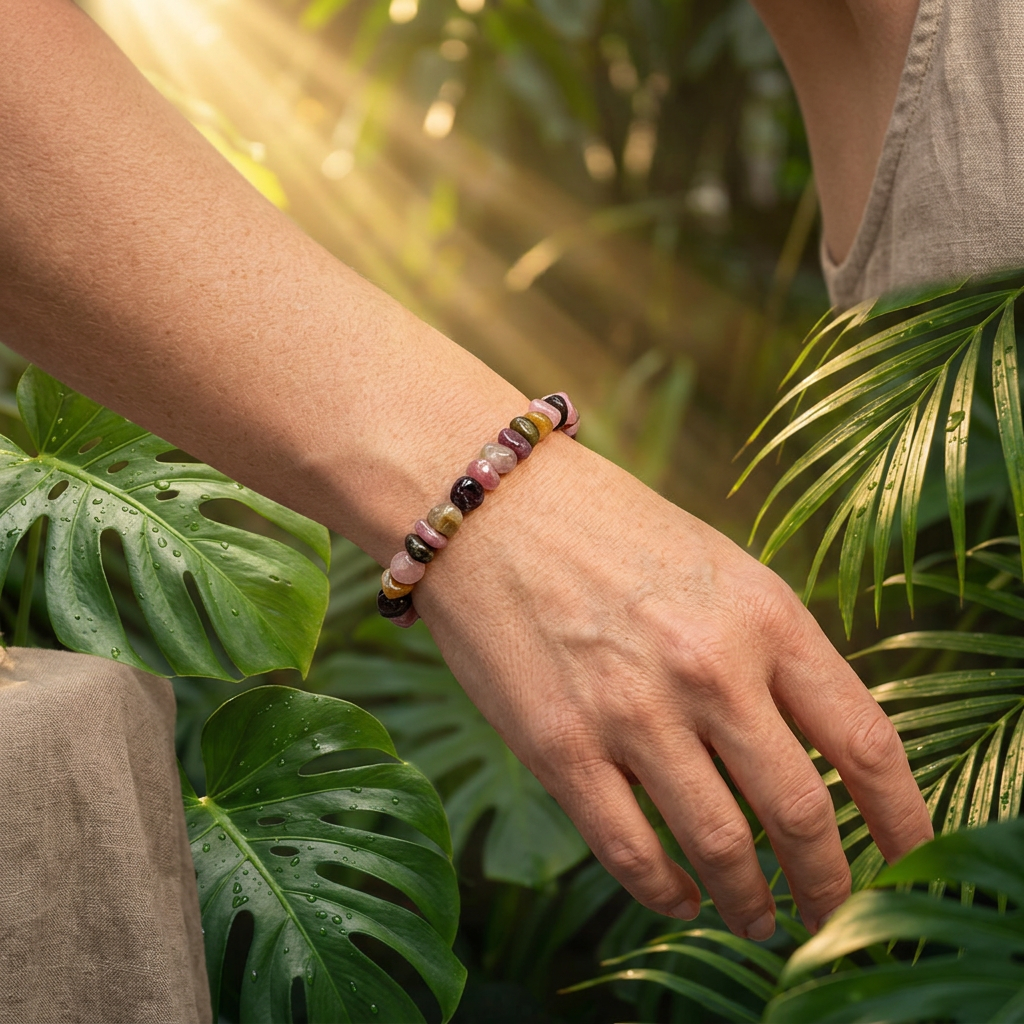 Multicolour tourmaline bracelet worn on a wrist with tropical jungle greenery
