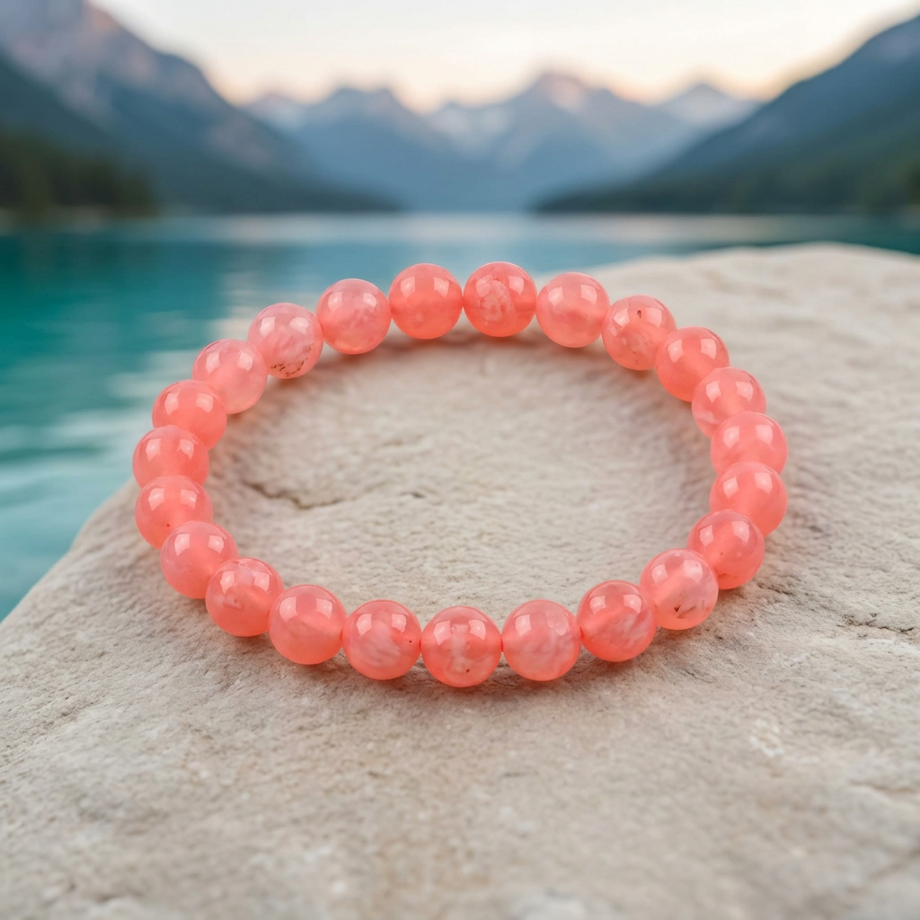 Pink Jade bracelet with turquoise water and mountains