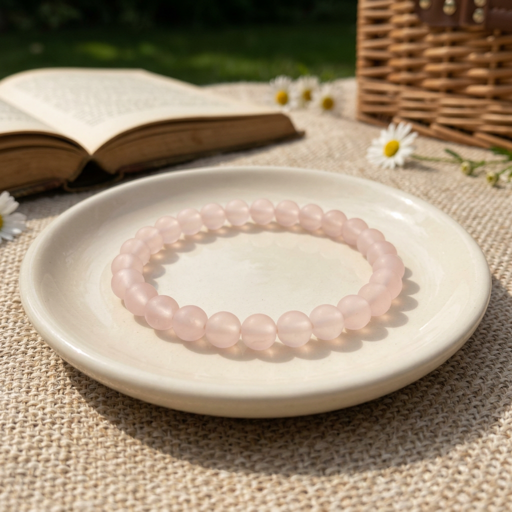 Matte Rose Quartz bracelet in a backyard picnic setting