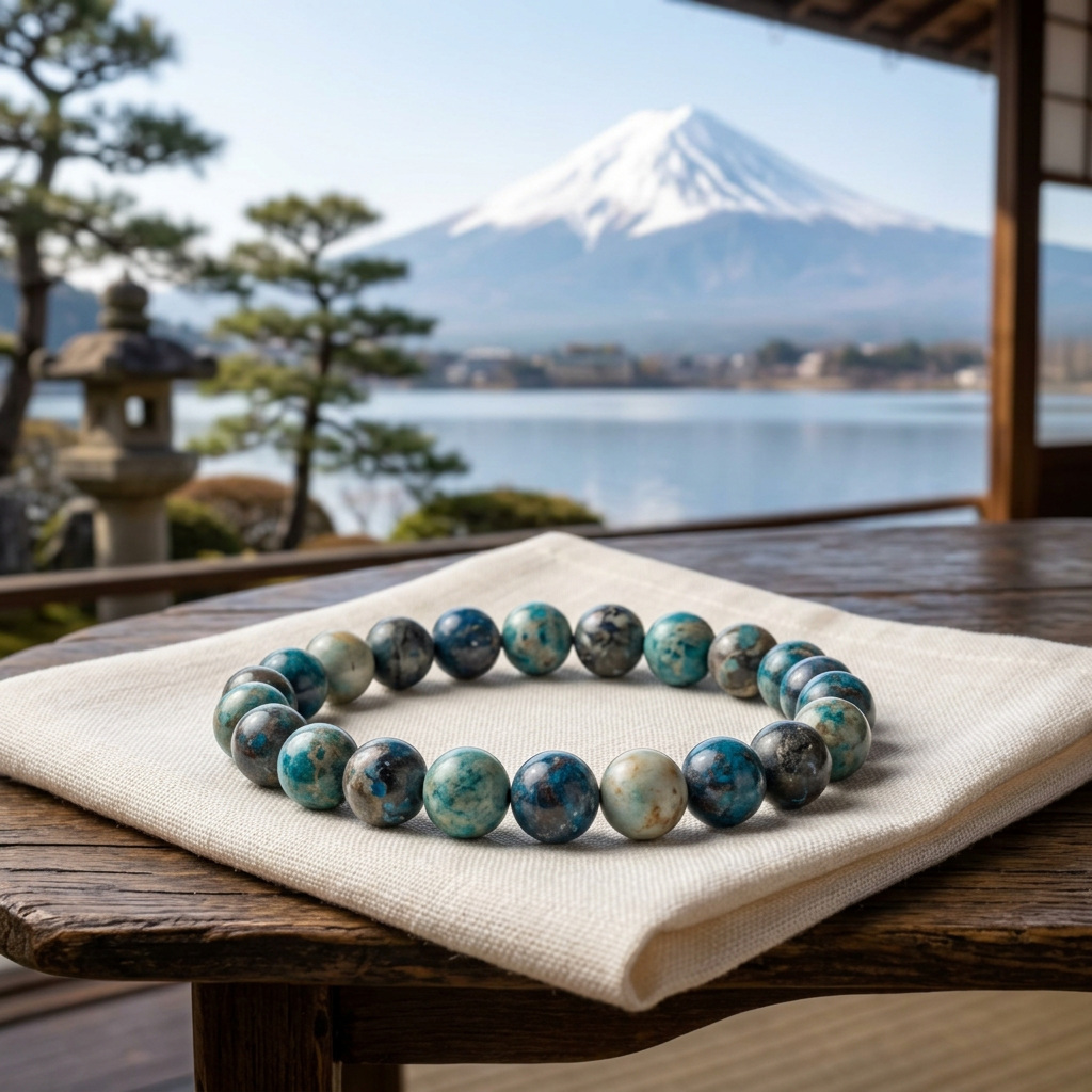 Starry Jasper bracelet on a veranda overlooking a lake and Mount Fuji