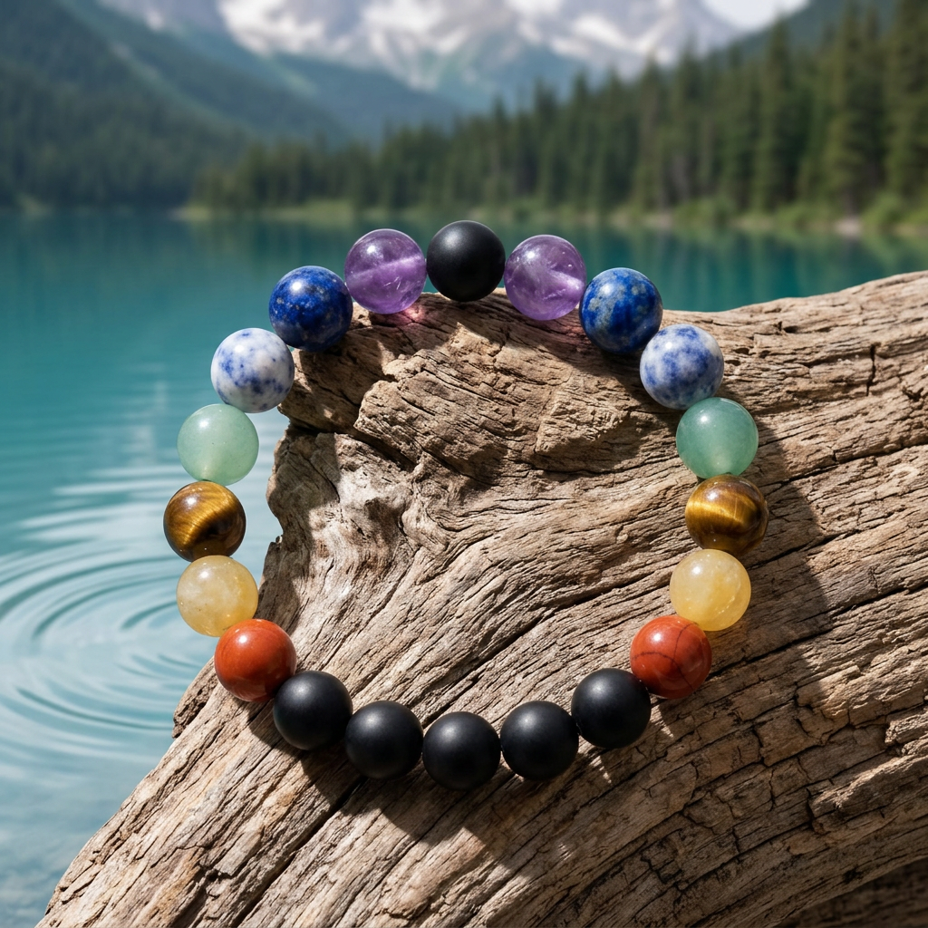 7 Chakras bracelet with a turquoise mountain lake