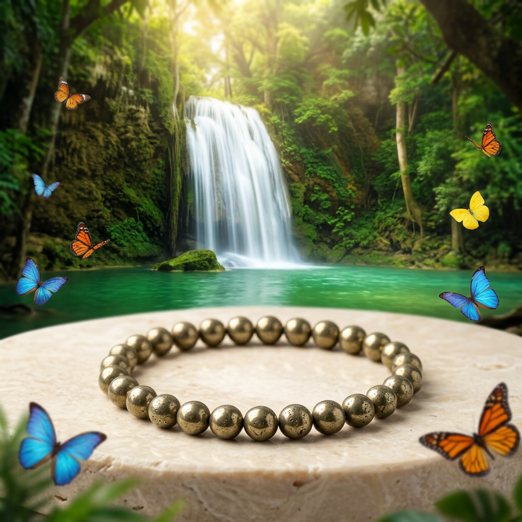 Pyrite bracelet with a rainforest waterfall and multicoloured butterflies