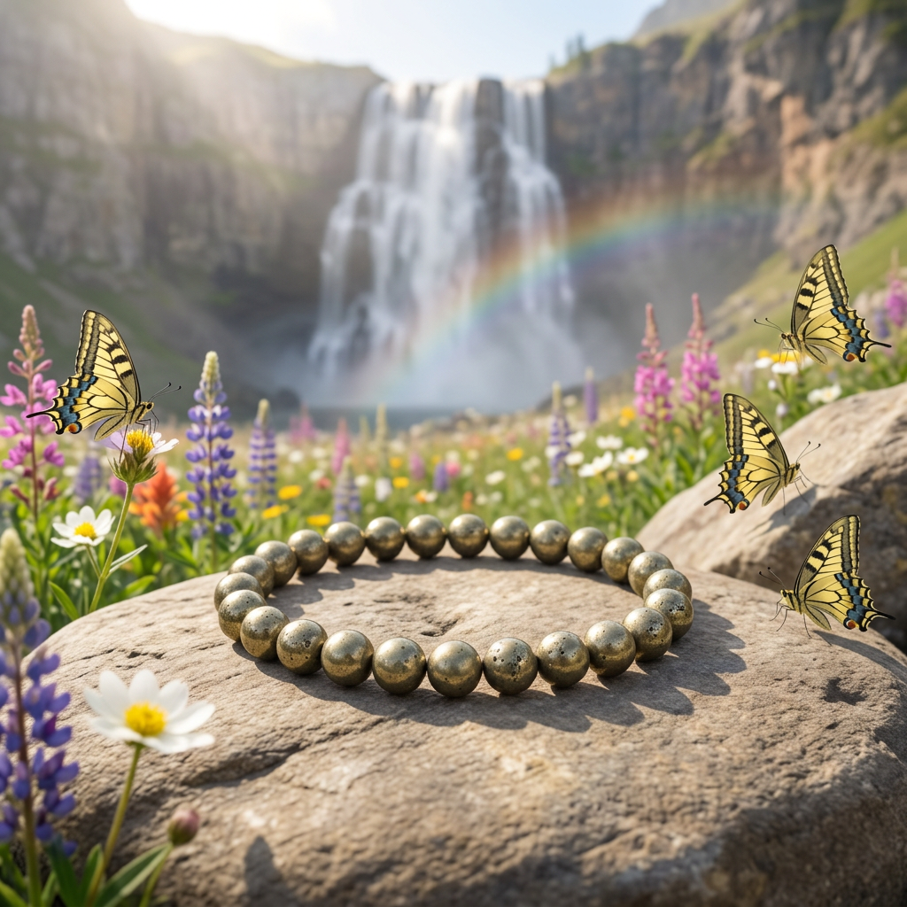 Pyrite bracelet with a mountain waterfall and yellow butterflies