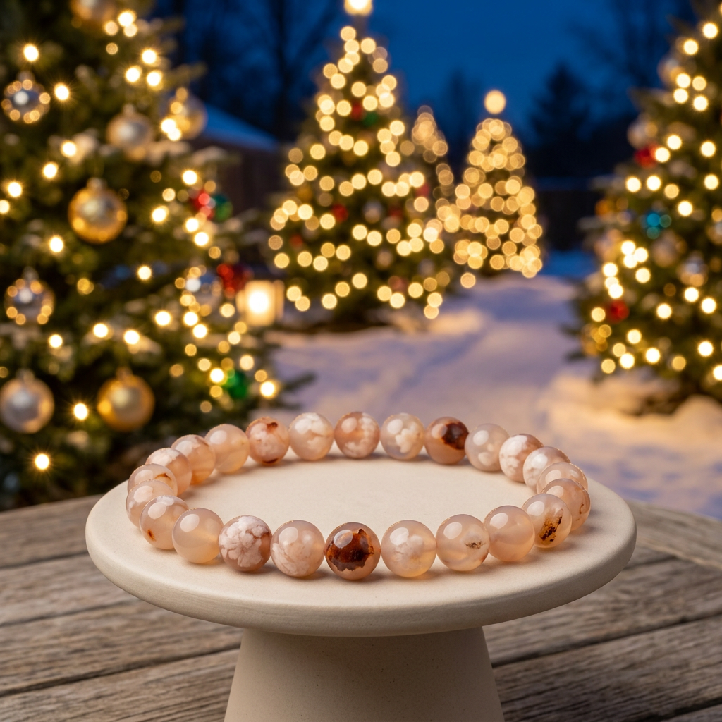 Flower agate bracelet on a ceramic pedestal with twinkling outdoor Christmas trees