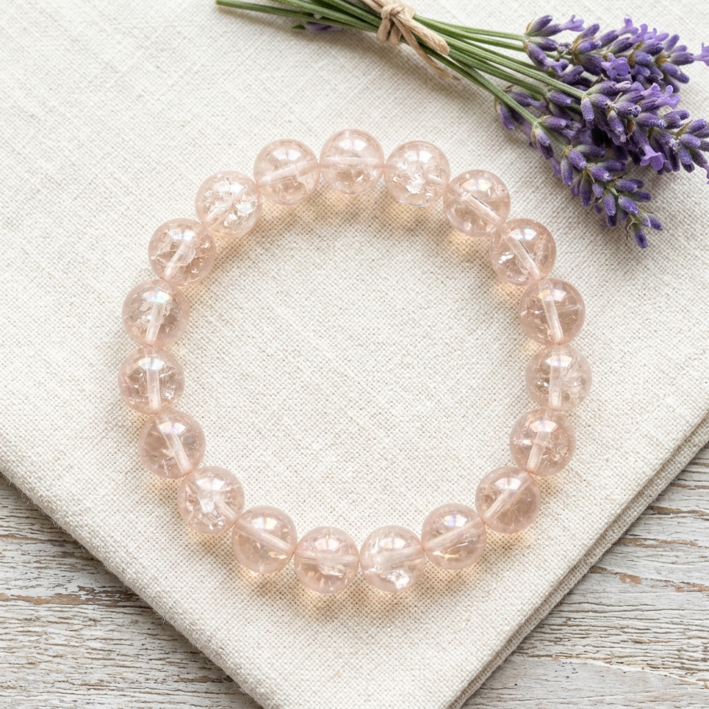 Clear quartz bracelet with lavender on ivory linen