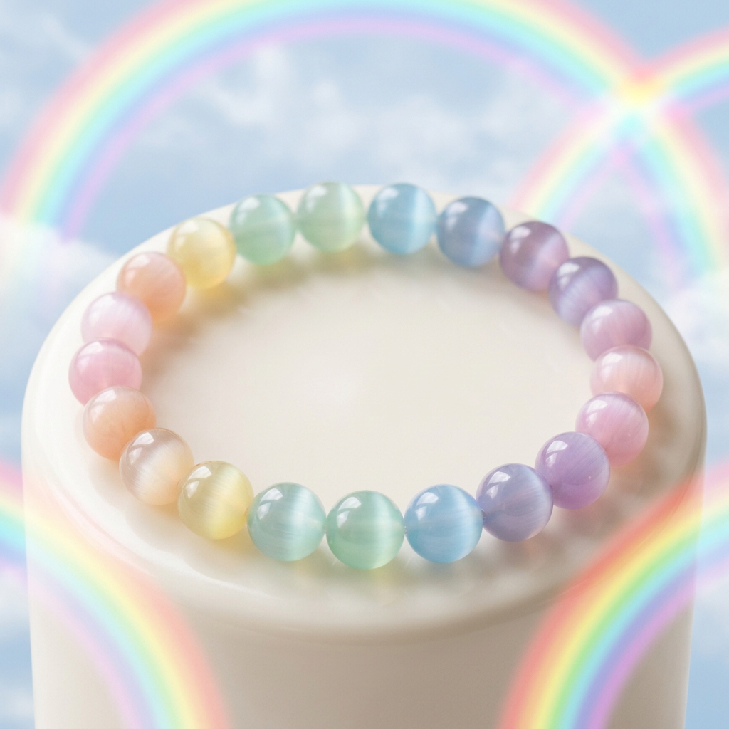 Rainbow Selenite bracelet surrounded by rainbows and clouds