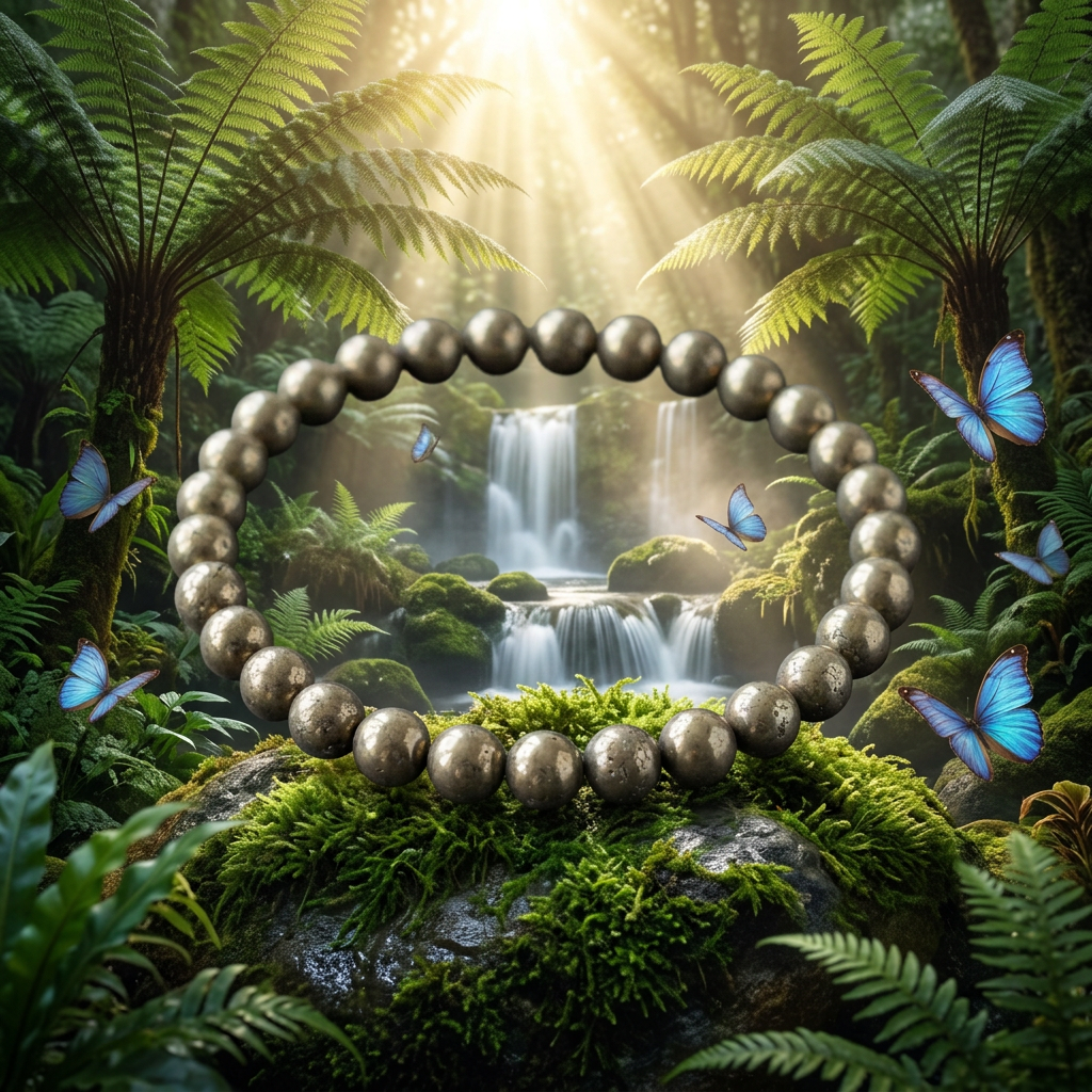 Pyrite bracelet with a woodland waterfall and blue butterflies