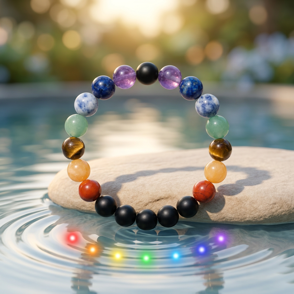 7 Chakras Healing Crystal Bracelet with Black Obsidian Protection (10mm)