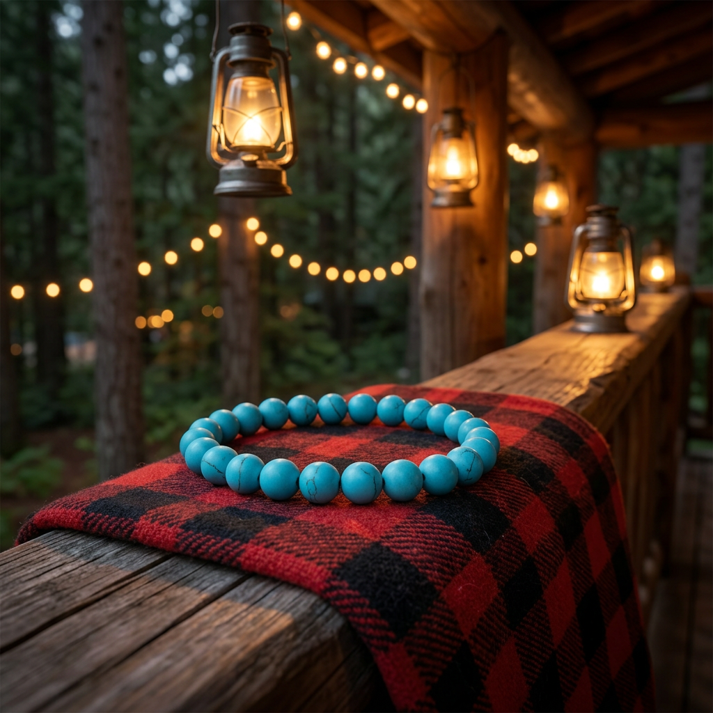 Turquoise bracelet on red plaid on a lantern-lit woodland cabin porch
