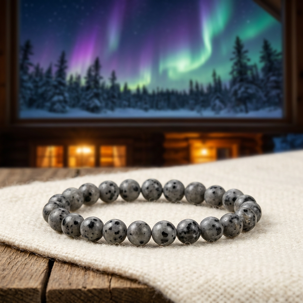 Grey bracelet with black spots with a snowy cabin beneath northern lights