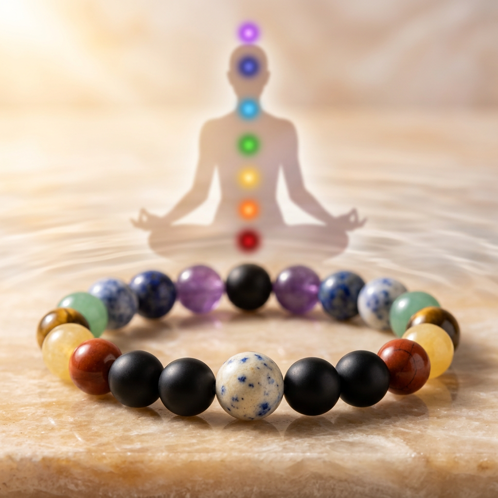 7 Chakras Healing Crystal Bracelet with Black Obsidian Protection (10mm)
