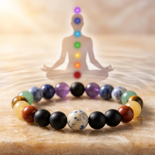 7 Chakras Healing Crystal Bracelet with Black Obsidian Protection (10mm)