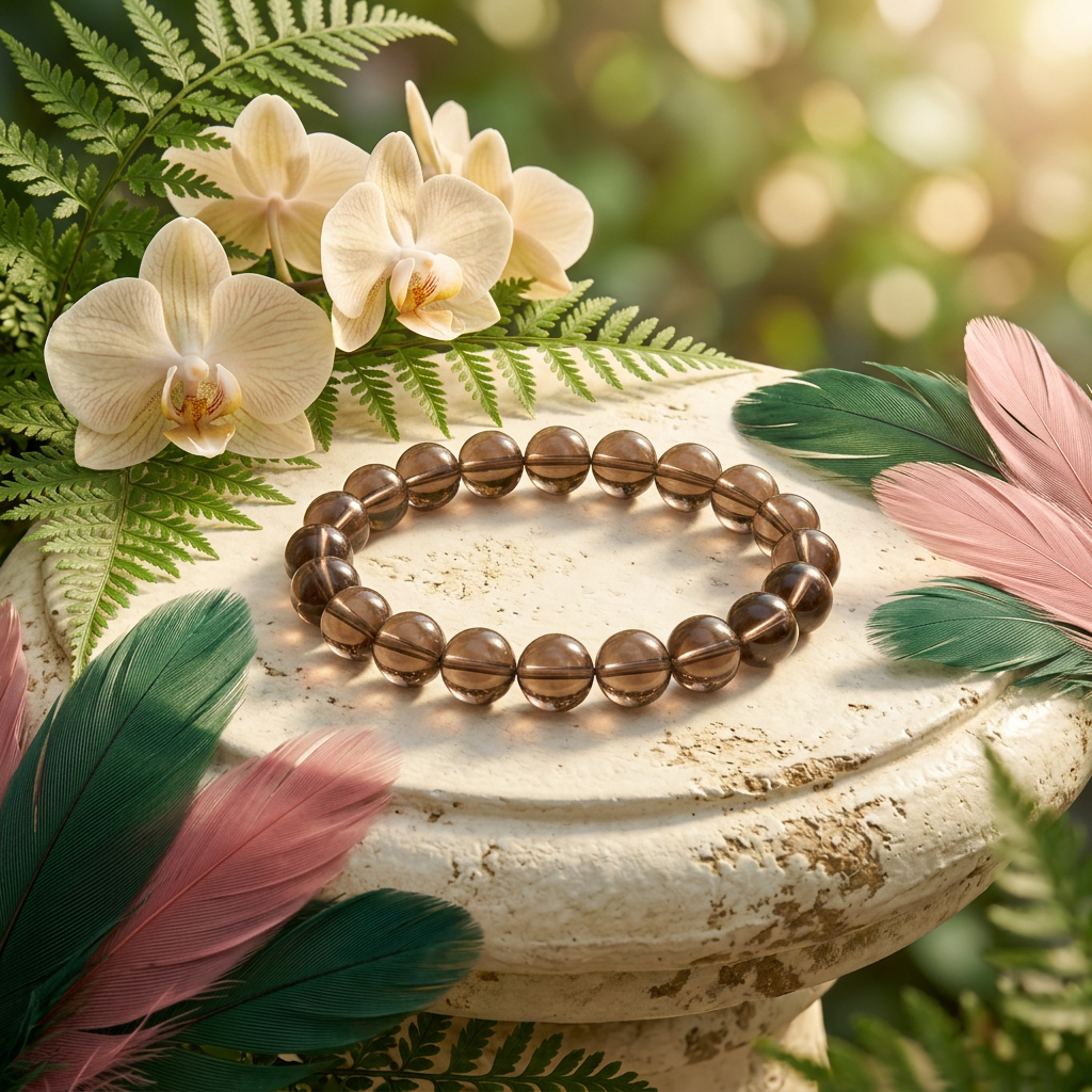 Smoky Quartz bracelet with orchids, greenery and emerald and pink feathers