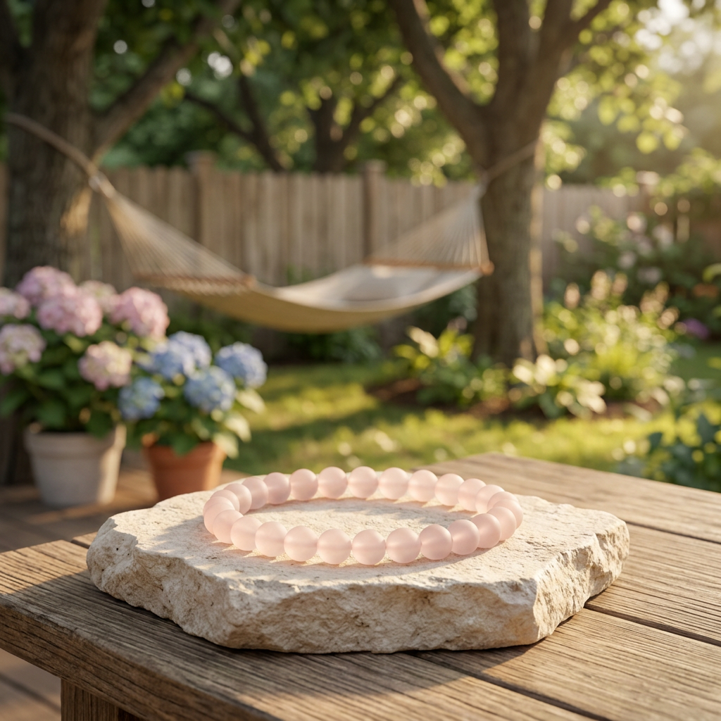 Matte Rose Quartz bracelet on a backyard deck with hammock and flowers