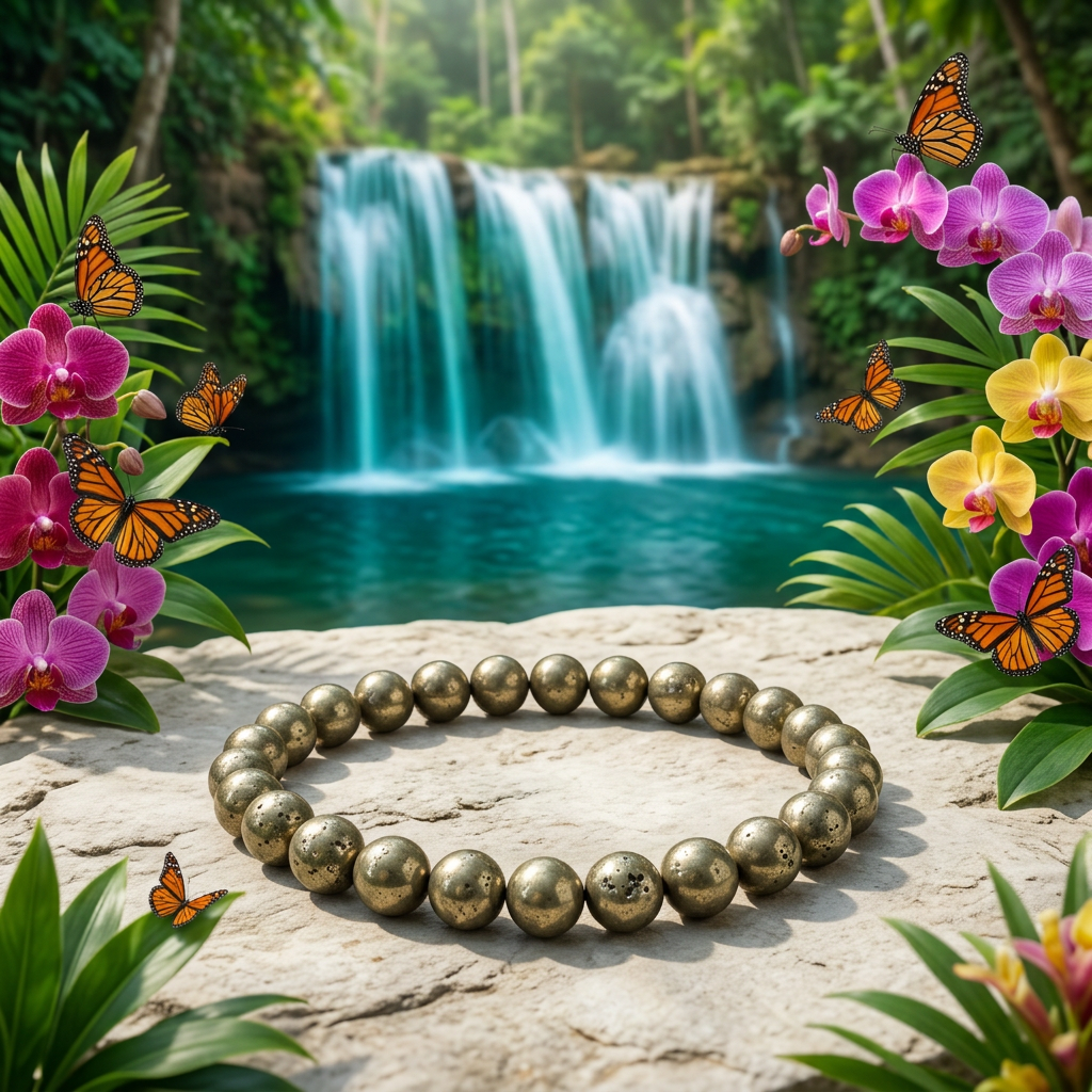 Pyrite bracelet with a turquoise tropical waterfall and orange butterflies