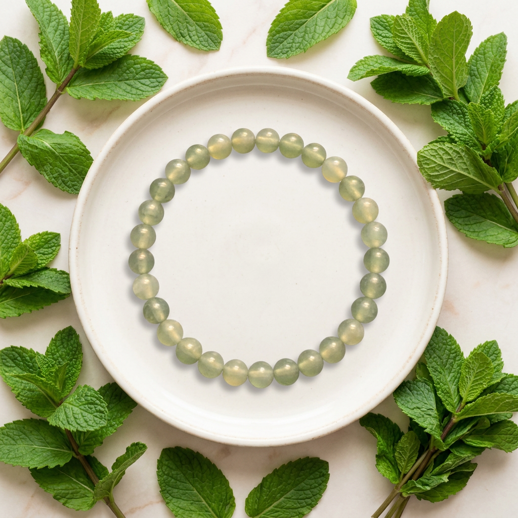 Green aventurine bracelet on a cream dish surrounded by mint