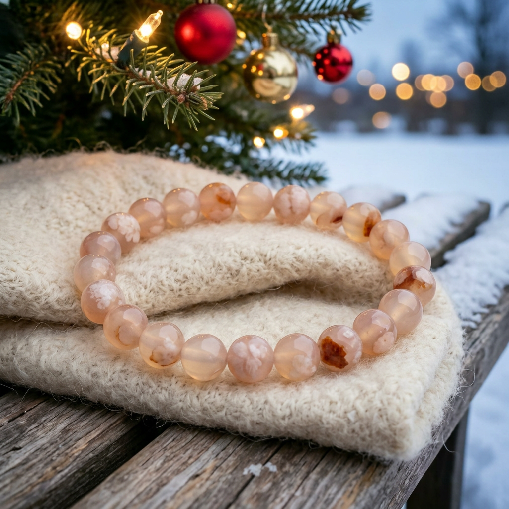 Flower agate bracelet on cream wool beneath twinkling outdoor Christmas tree branches