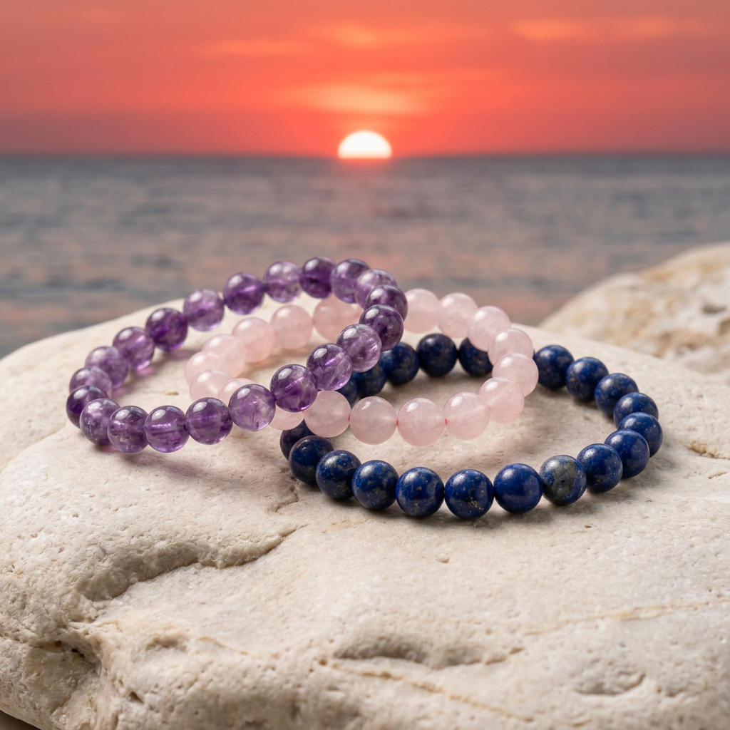 Self-Forgiveness Trio bracelets on coastal stone with a coral-red ocean sunset