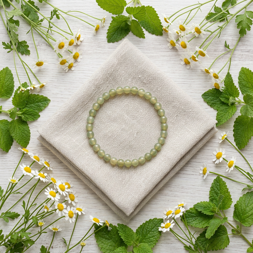 Green aventurine bracelet surrounded by chamomile and lemon balm