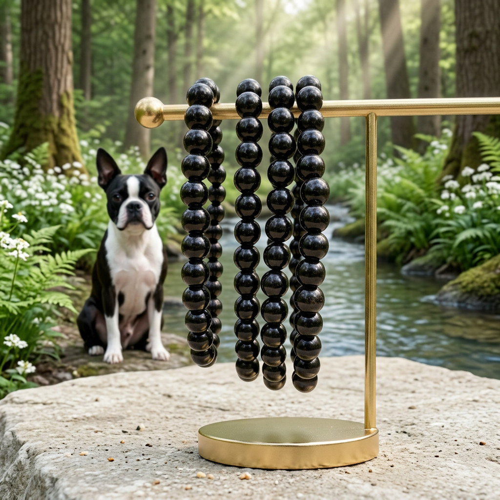 Black Tourmaline bracelets with a Boston terrier beside a woodland stream