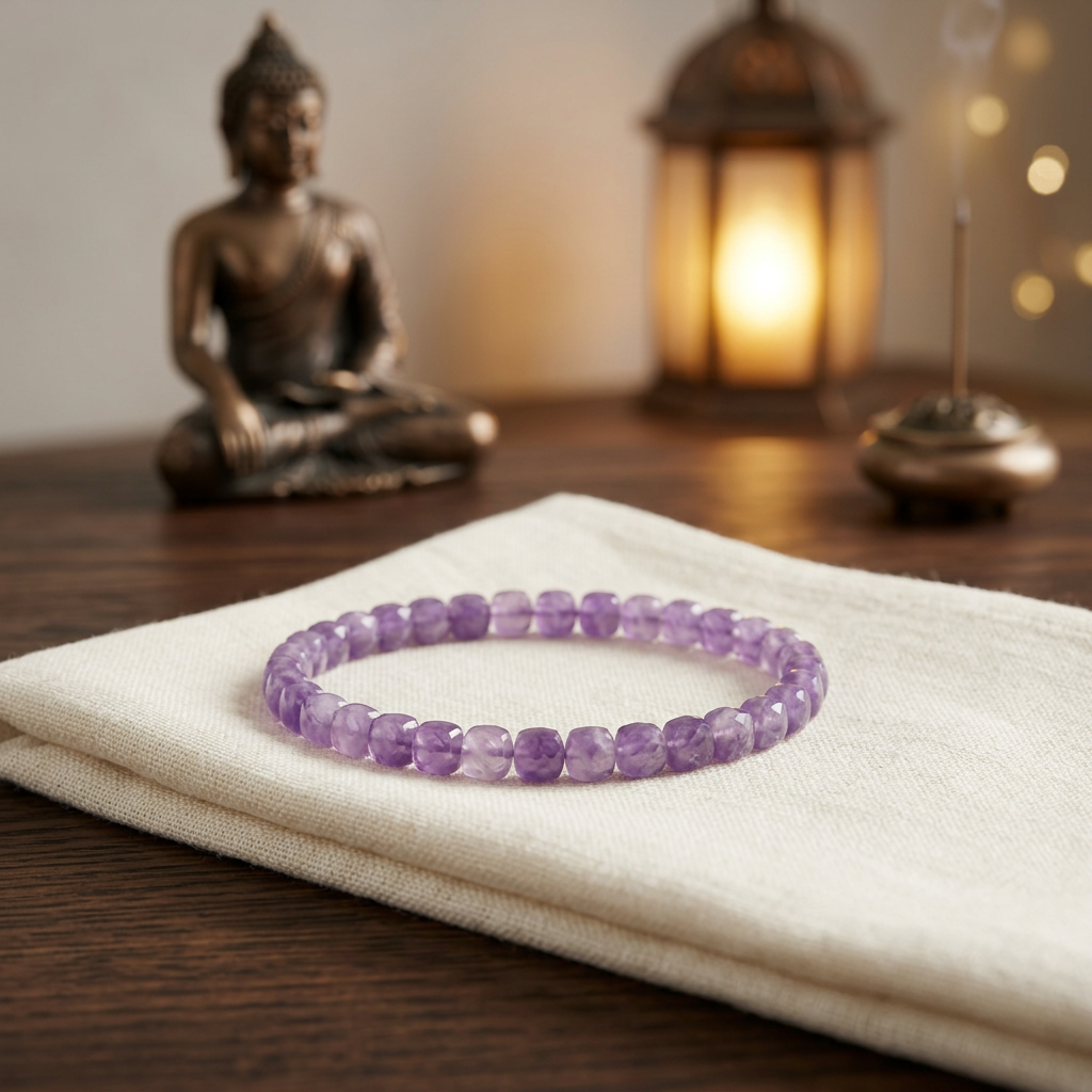 Amethyst bracelet with a bronze Buddha statue in a lantern-lit meditation room