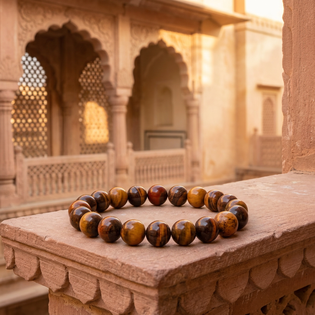 Tiger’s Eye bracelet in a Jaipur-inspired sandstone courtyard