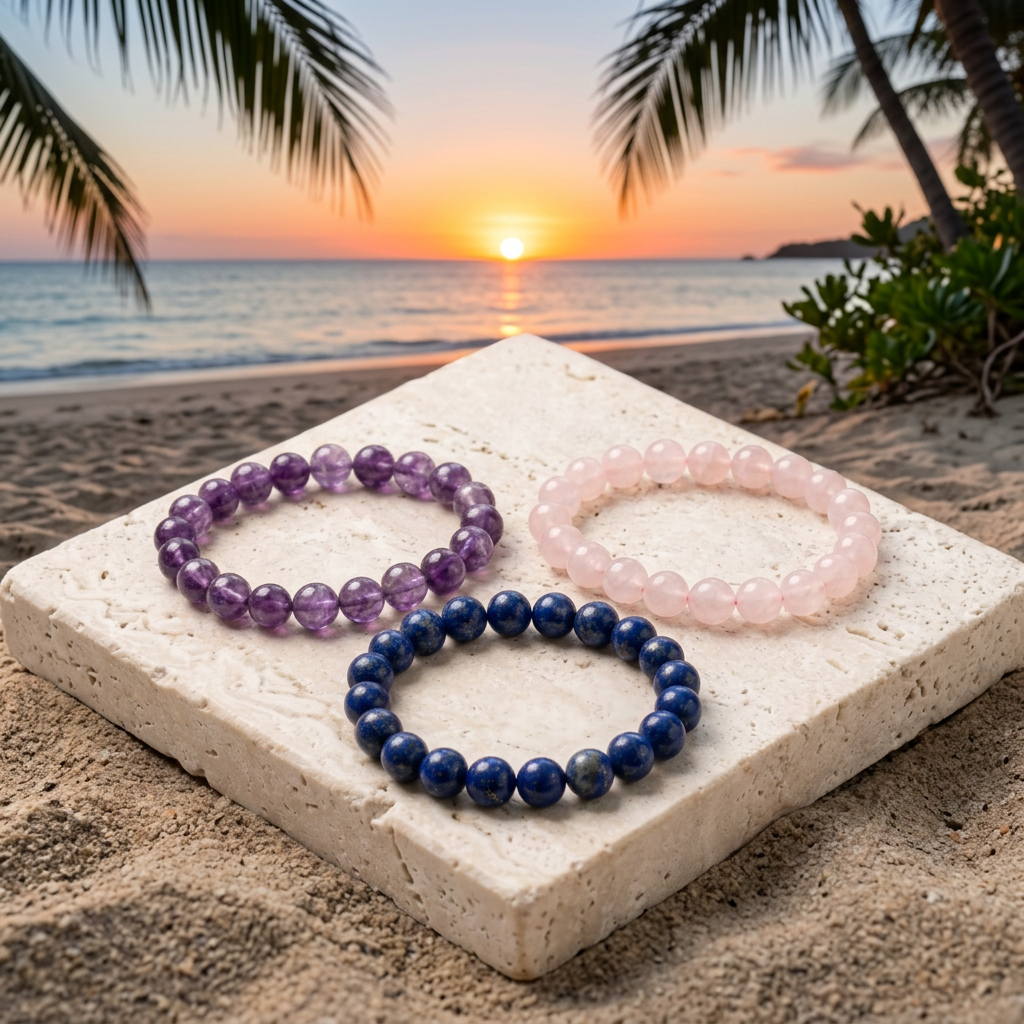 Self-Forgiveness Trio bracelets with an amber ocean sunset and palm silhouettes