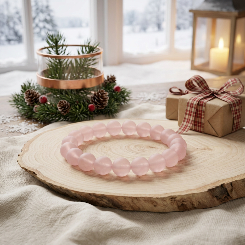 Matte Rose Quartz bracelet with farmhouse Christmas gifts and plaid ribbon