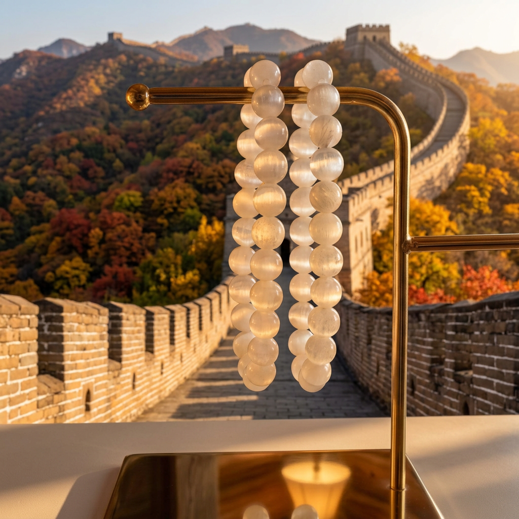 Selenite bracelets with the Great Wall of China in autumn