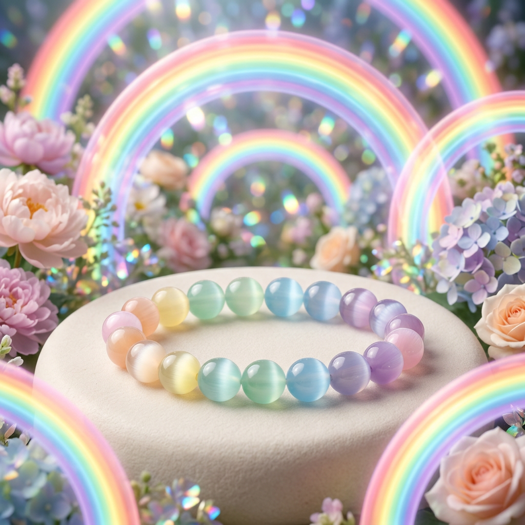 Rainbow Selenite bracelet in a garden of glowing rainbows