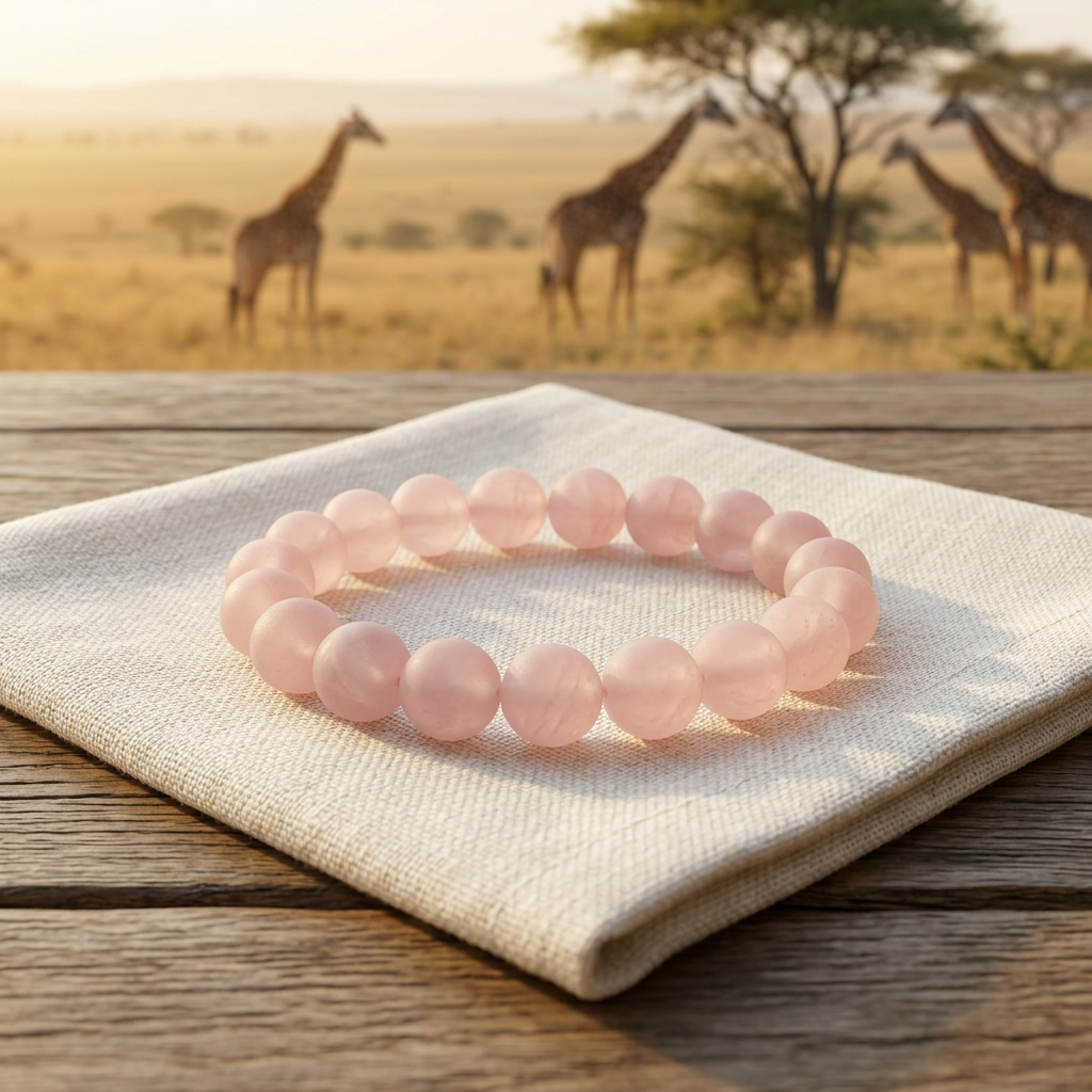 Matte rose quartz bracelet with giraffes and acacia trees in the background