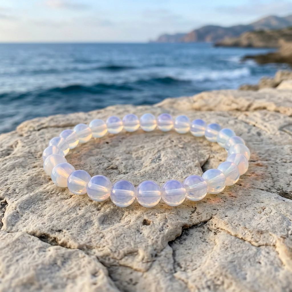 Opalite 6mm bracelet with blue waves and rocky coastline