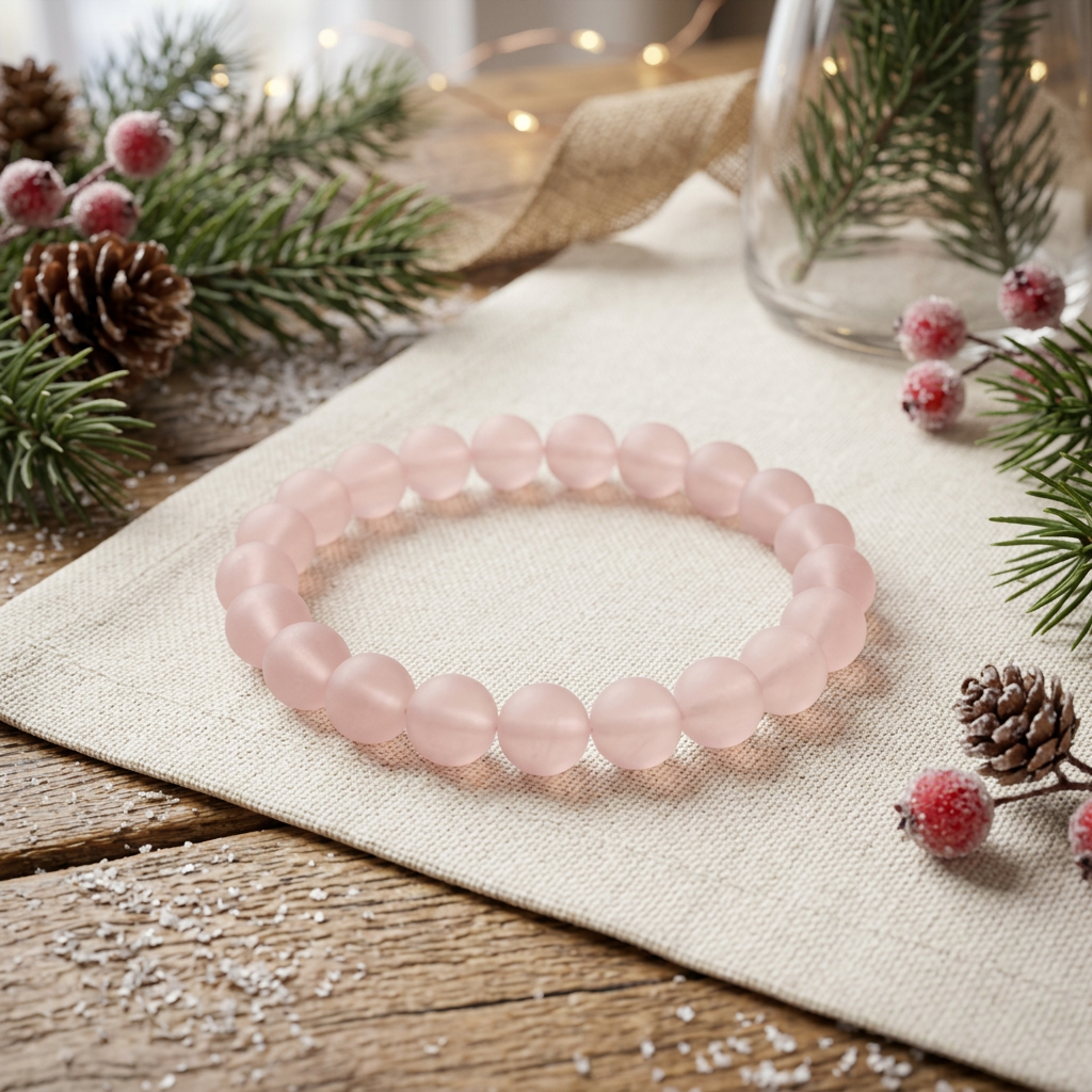Matte Rose Quartz bracelet with rustic Christmas greenery and fairy lights