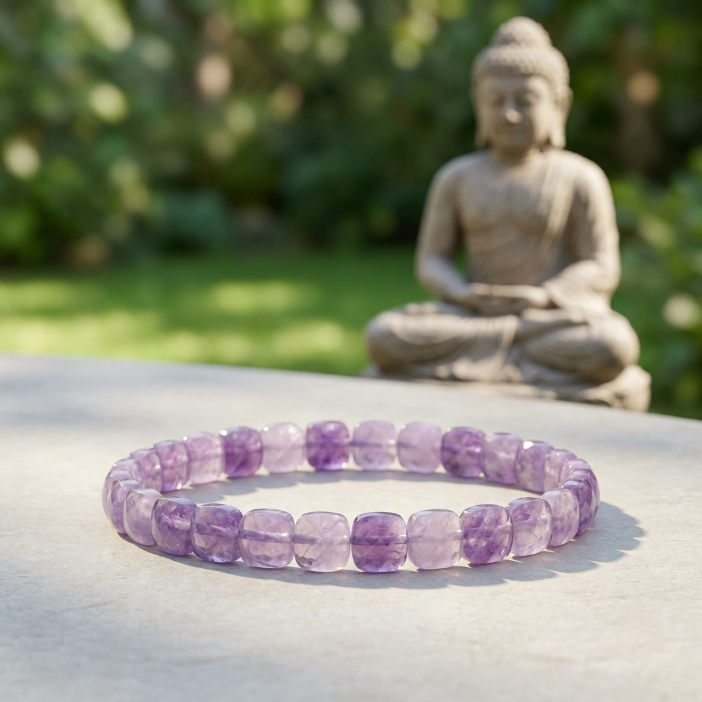 Amethyst bracelet with a stone Buddha statue in a green garden
