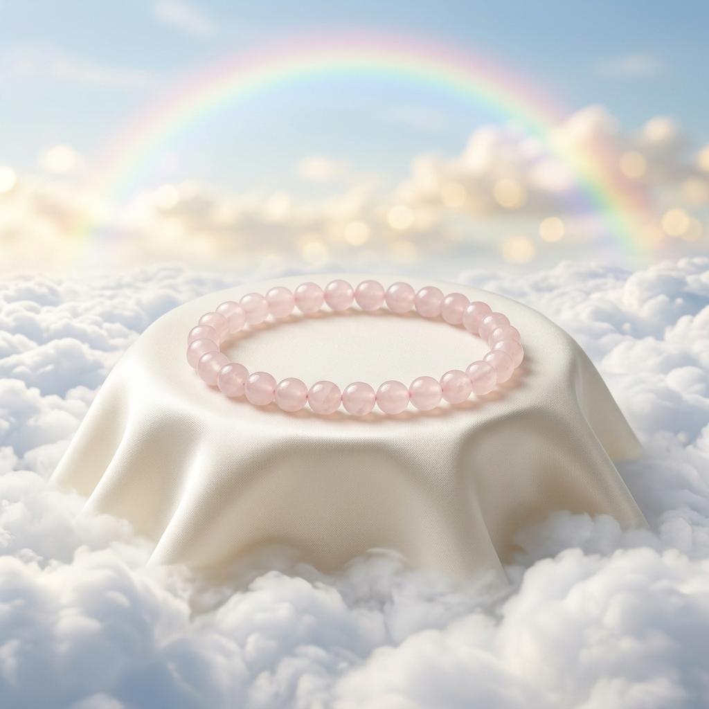 Rose Quartz bracelet above clouds with a pastel rainbow