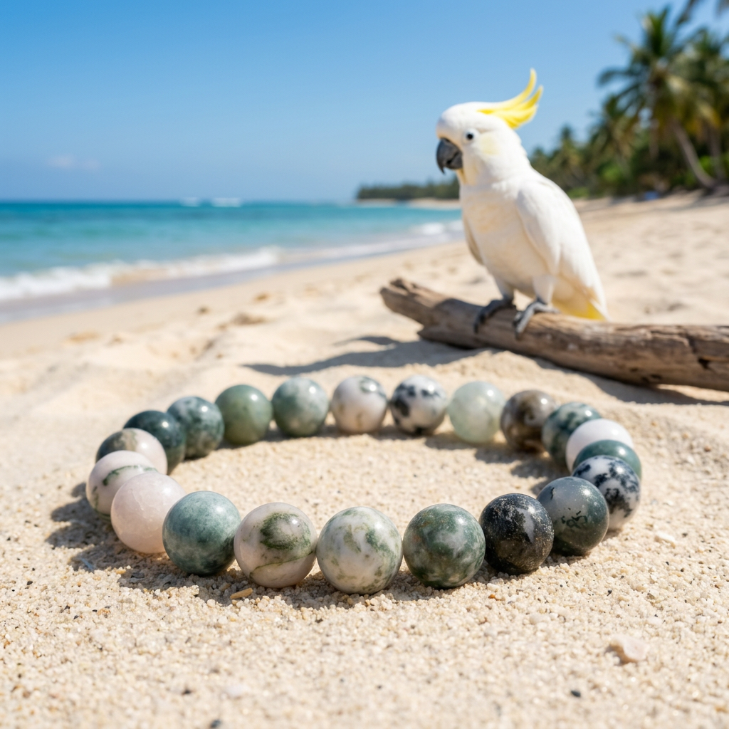 Bracelet on sunny beach sand with a white cockatoo