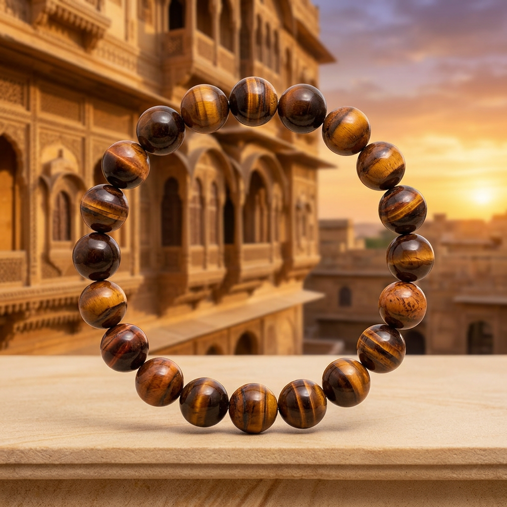 Tiger’s Eye bracelet with Jaisalmer-inspired golden sandstone architecture