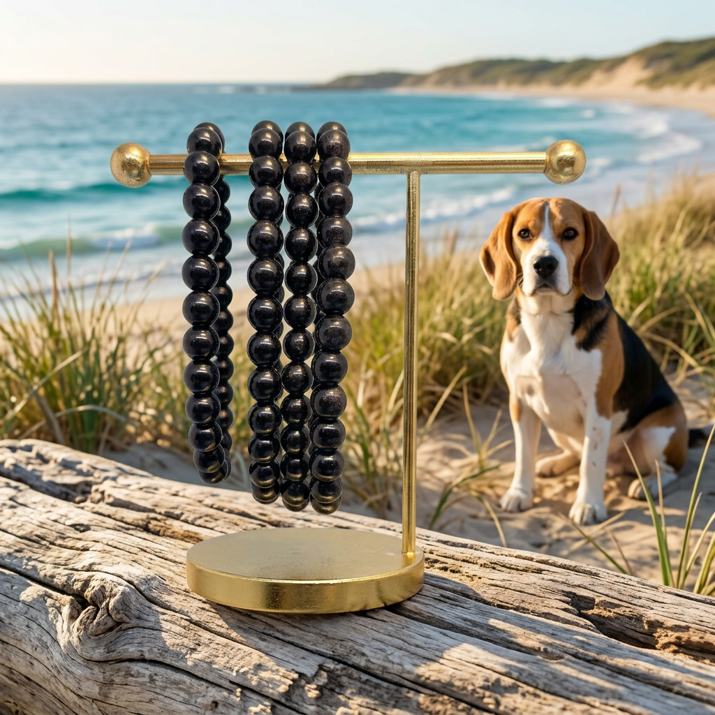 Black Tourmaline bracelets with a beagle beside the sea