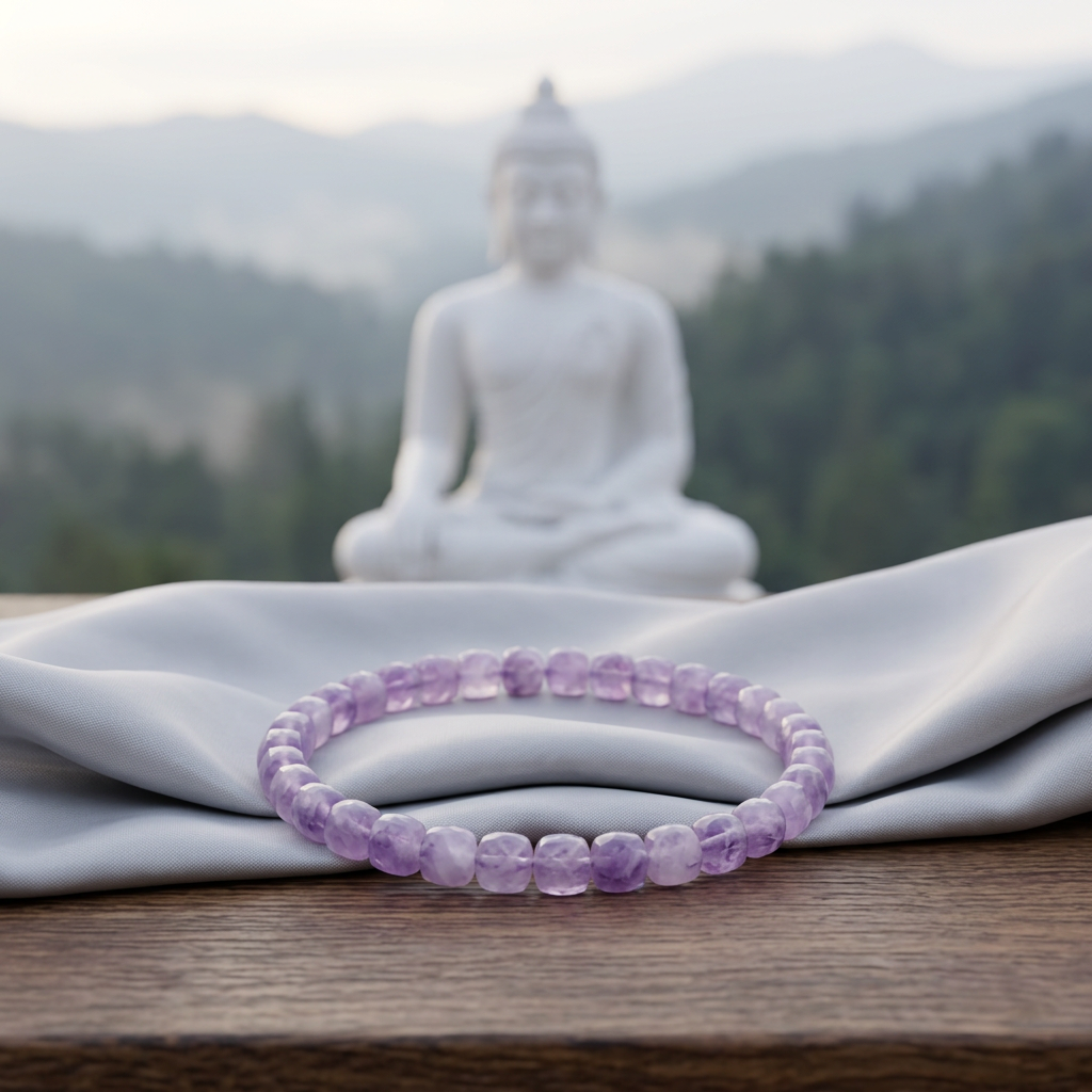 Amethyst bracelet with a white Buddha statue and misty mountains at dawn