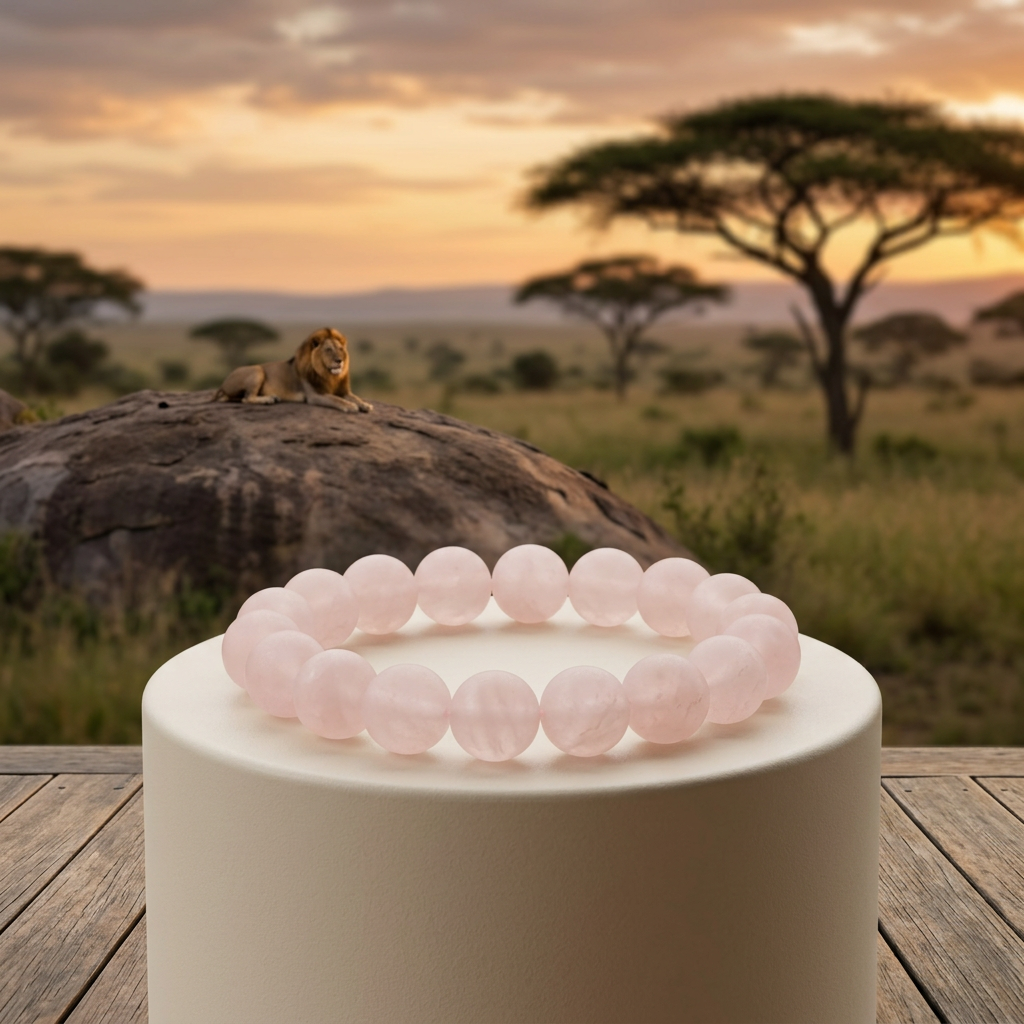 Matte rose quartz bracelet with a distant lion in an African sunset setting