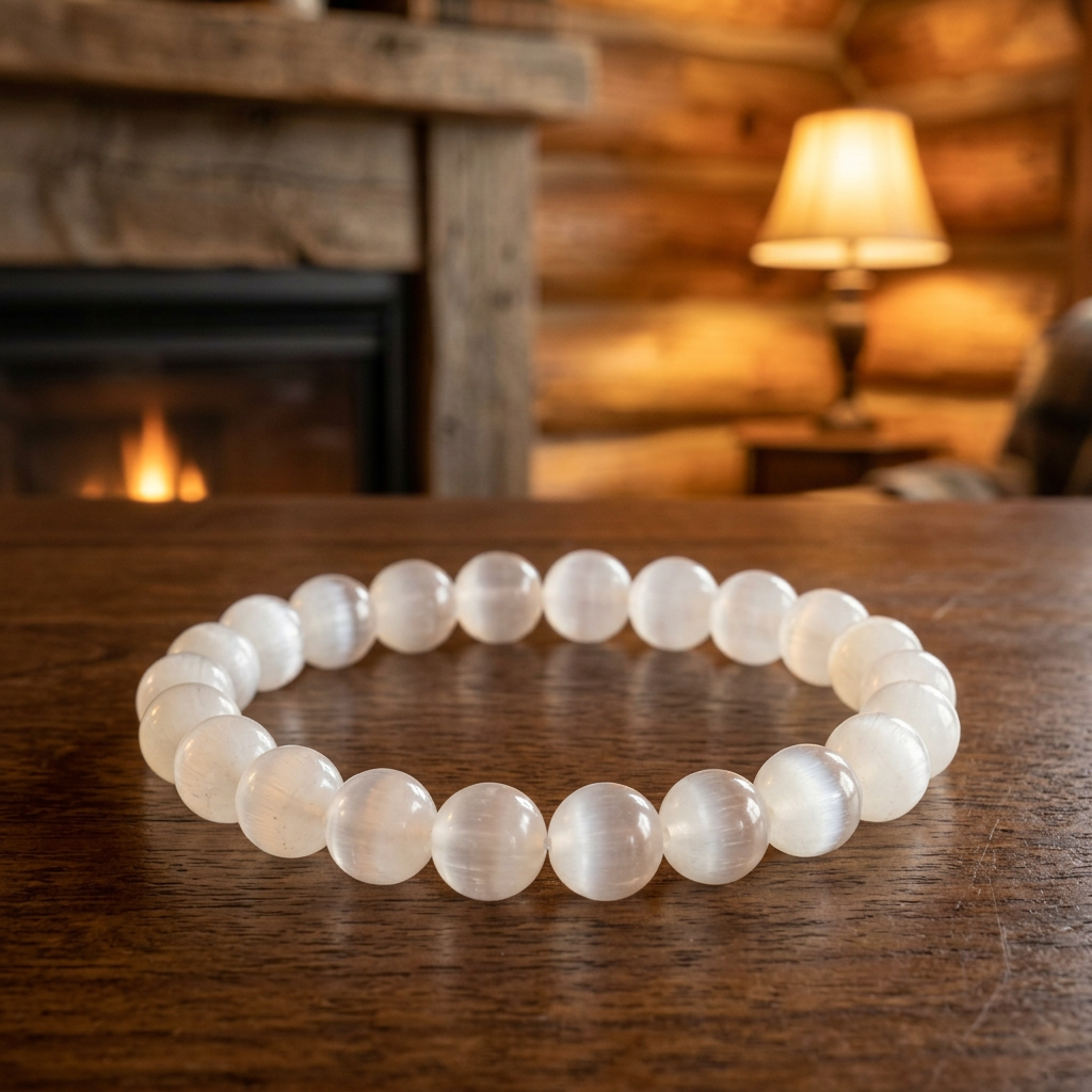 Selenite bracelet on a rustic brown cabin table by a fireplace