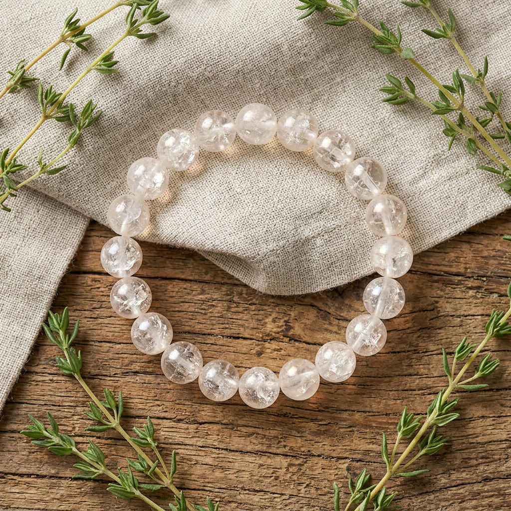 Clear quartz bracelet with thyme sprigs on oatmeal linen