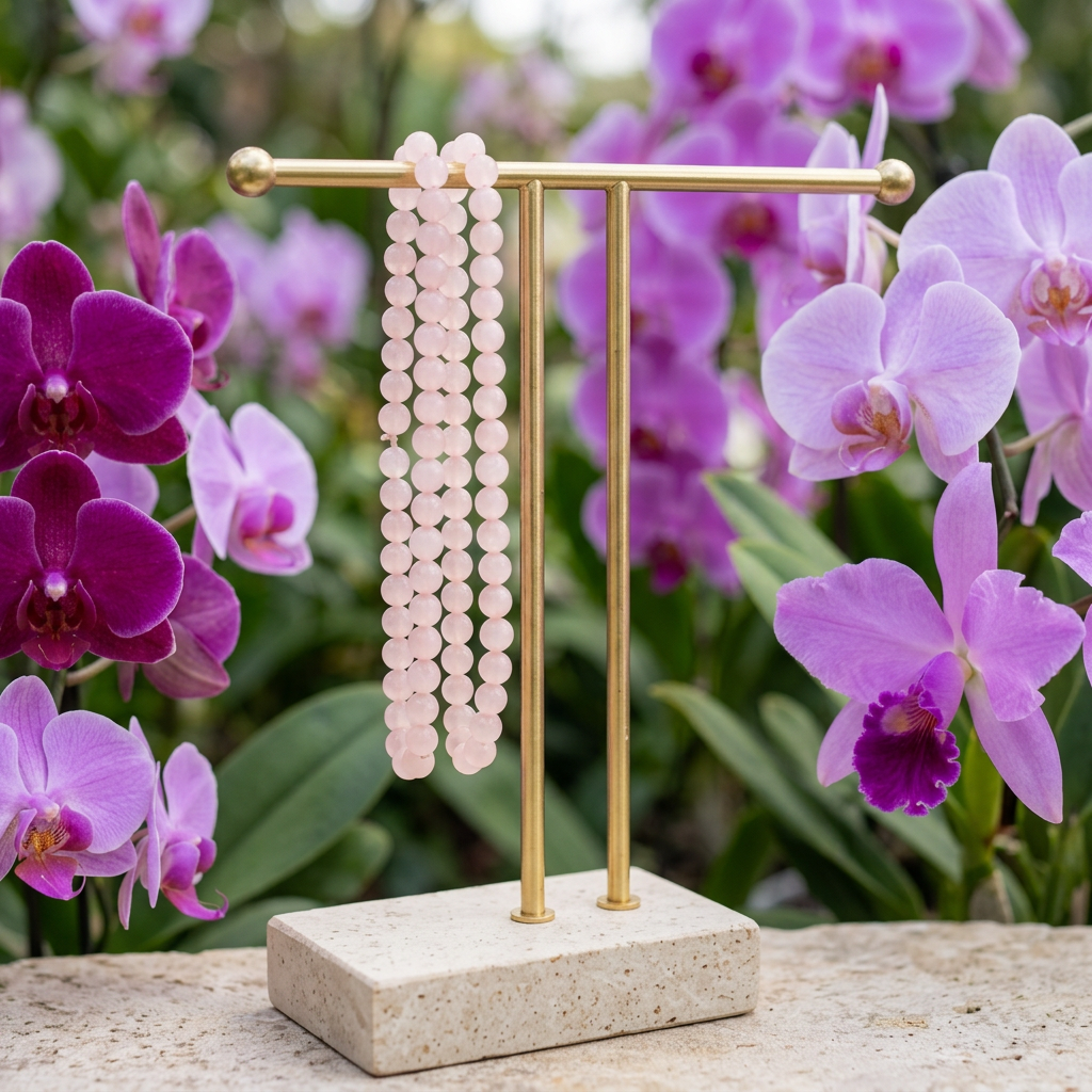 Matte Rose Quartz bracelets with purple and lavender orchids