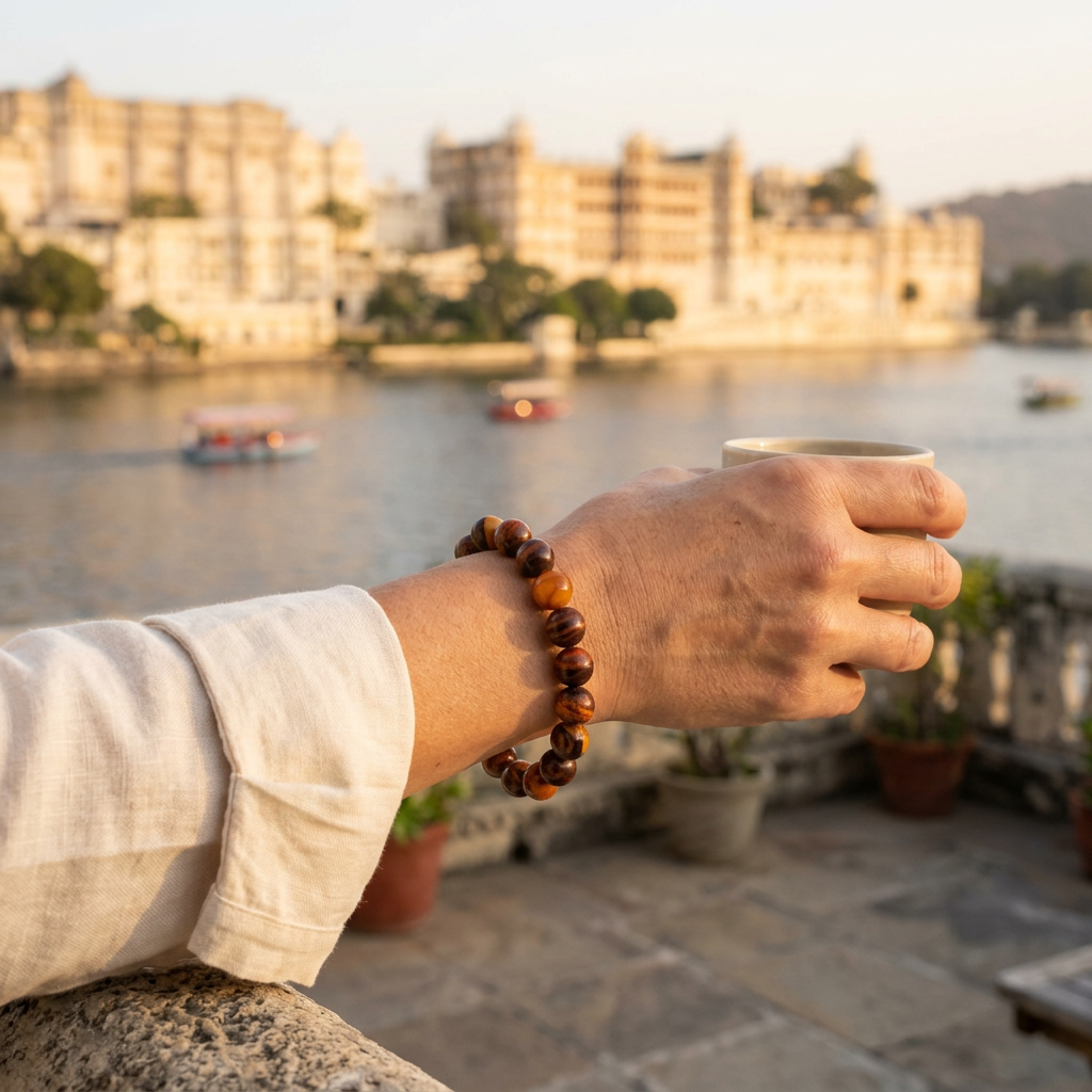 Tiger’s Eye bracelet worn on a wrist overlooking an Udaipur-inspired lake