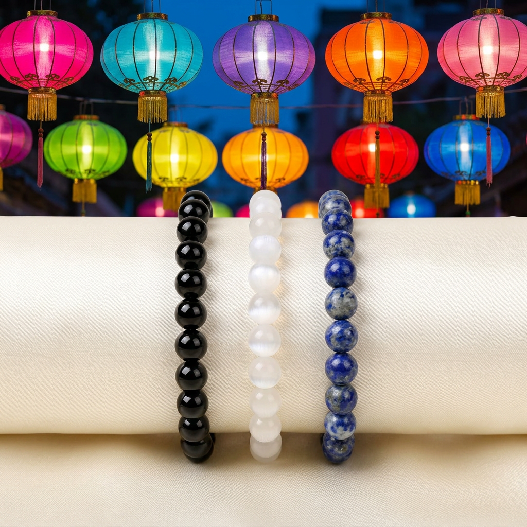 Bracelet trio with colourful Chinese lanterns at twilight