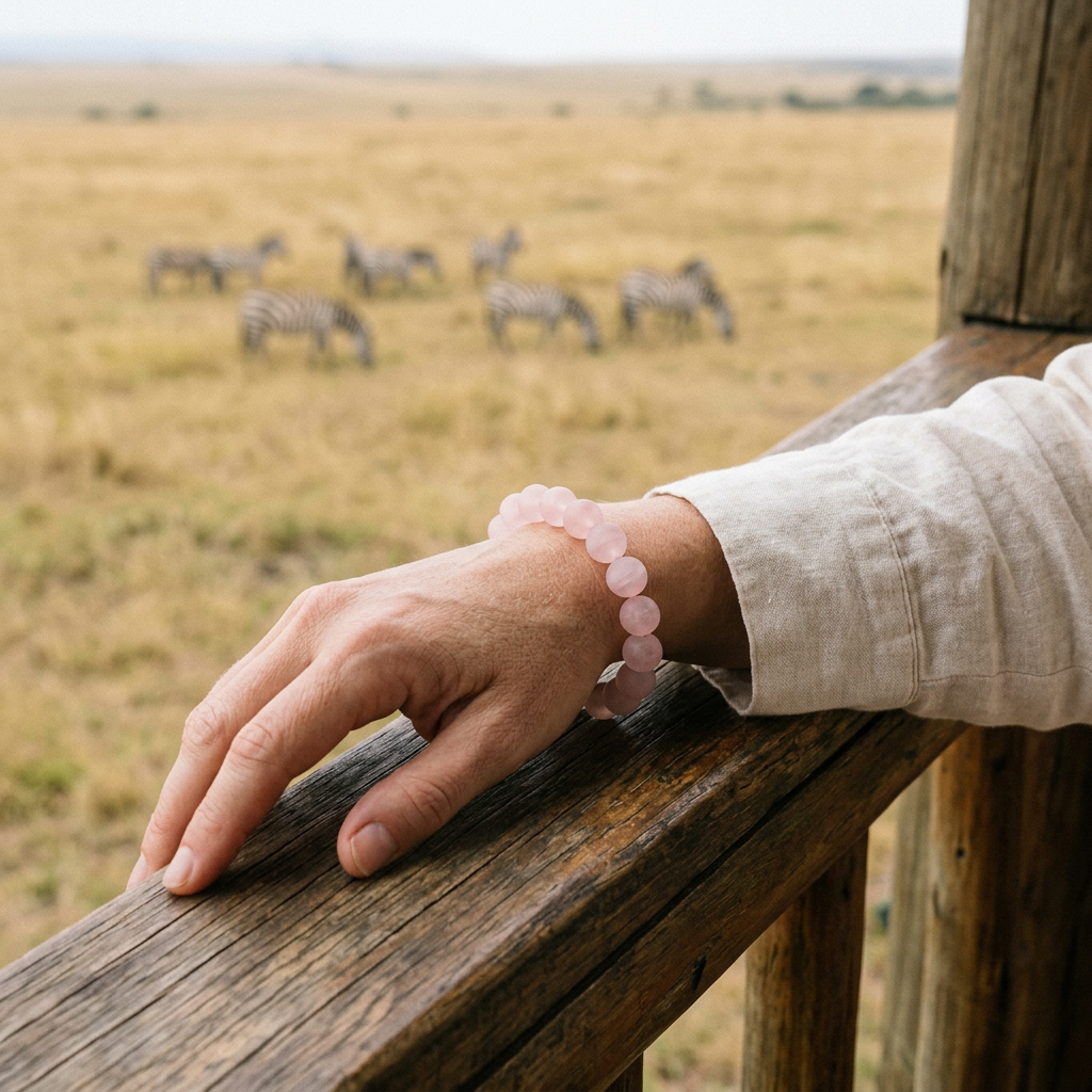 Matte rose quartz bracelet worn on a wrist with distant grazing zebras