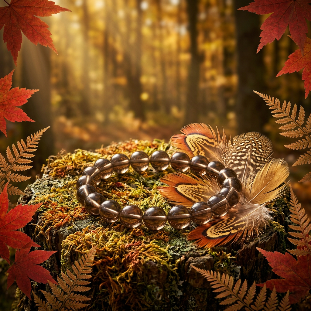 Smoky Quartz bracelet with copper and gold feathers in an autumn forest