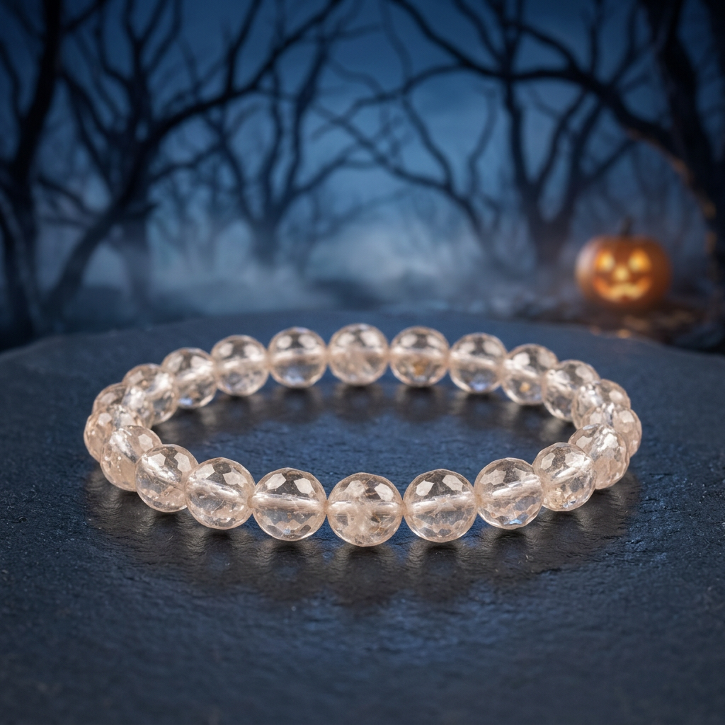 Rutilated quartz bracelet on slate in a moonlit Halloween woodland setting