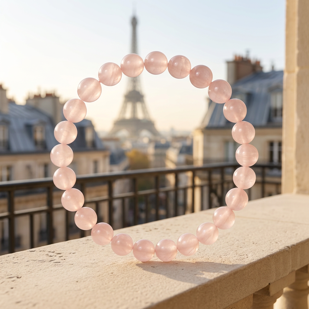 Rose quartz bracelet on a Paris balcony with the Eiffel Tower in the background
