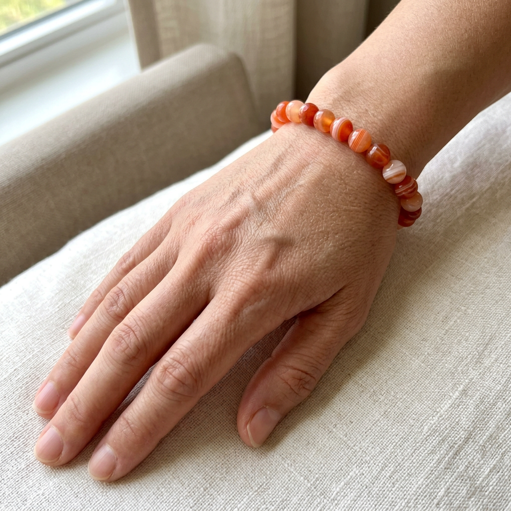 Sardonyx bracelet worn on a relaxed wrist